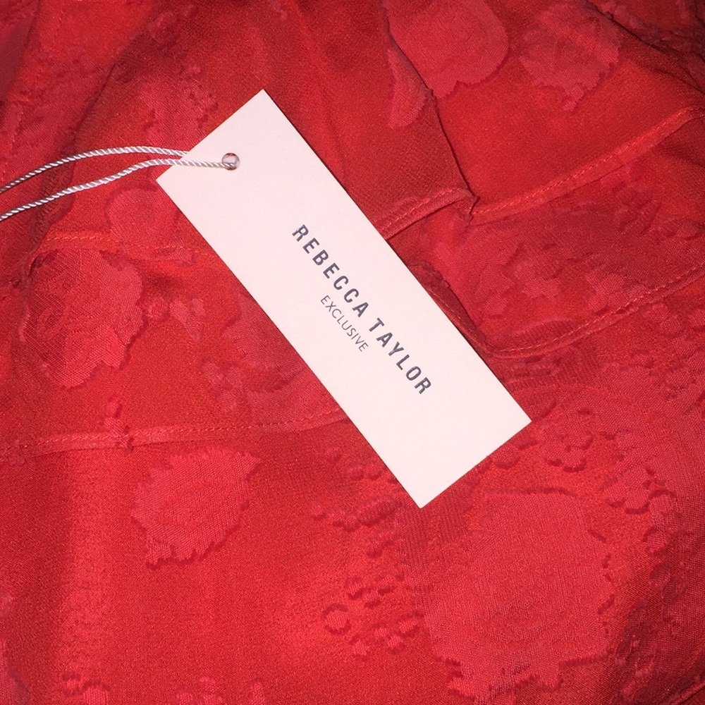 REBECCA TAYLOR Orange Red Ruffle Clipdot Silk Blend Fall Dress 2 Tie Waist Twee - Picture 6 of 7